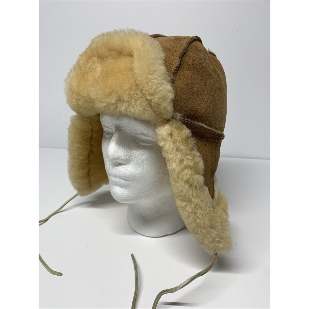 Vintage Shearling Sheepskin Trapper Hat Suede Aviator Brown OSFM Triangle Flaps